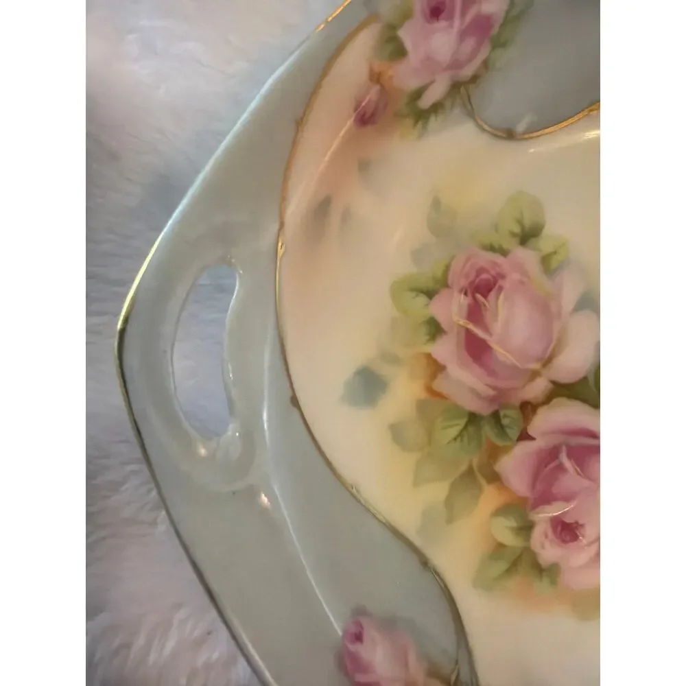 Vintage Royal Rudolstadt Prussia Pink Roses Handled Nut Candy Bowl Gold Trim 6